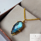 Labradorite Gold Plated Prong Set Pendant Necklace- Labradorite Necklace, Gemstone Necklace, Handmade Necklace, Gift For Mother